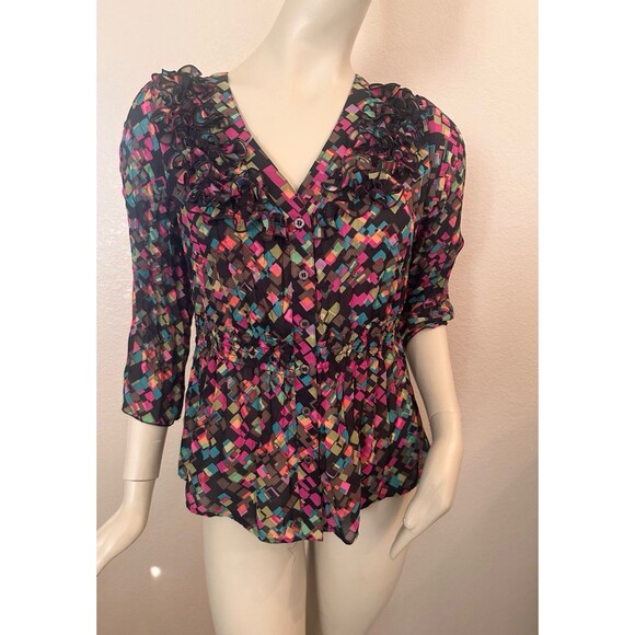 NY Collection Blouse geometric abstract colorful ruffle‎ button mature Macys M - Picture 1 of 9